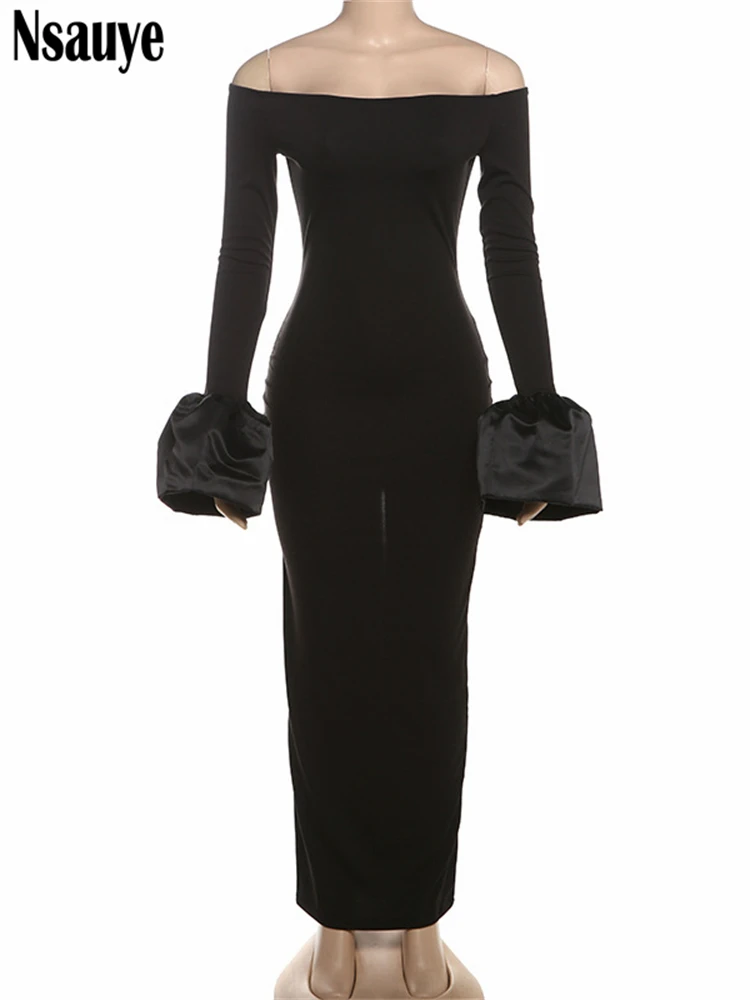 Nsauye elegante vestido de fiesta para mujer Vintage Bud manga larga Sexy noche moda abrigo noche Club vestido negro sin hombros 2024