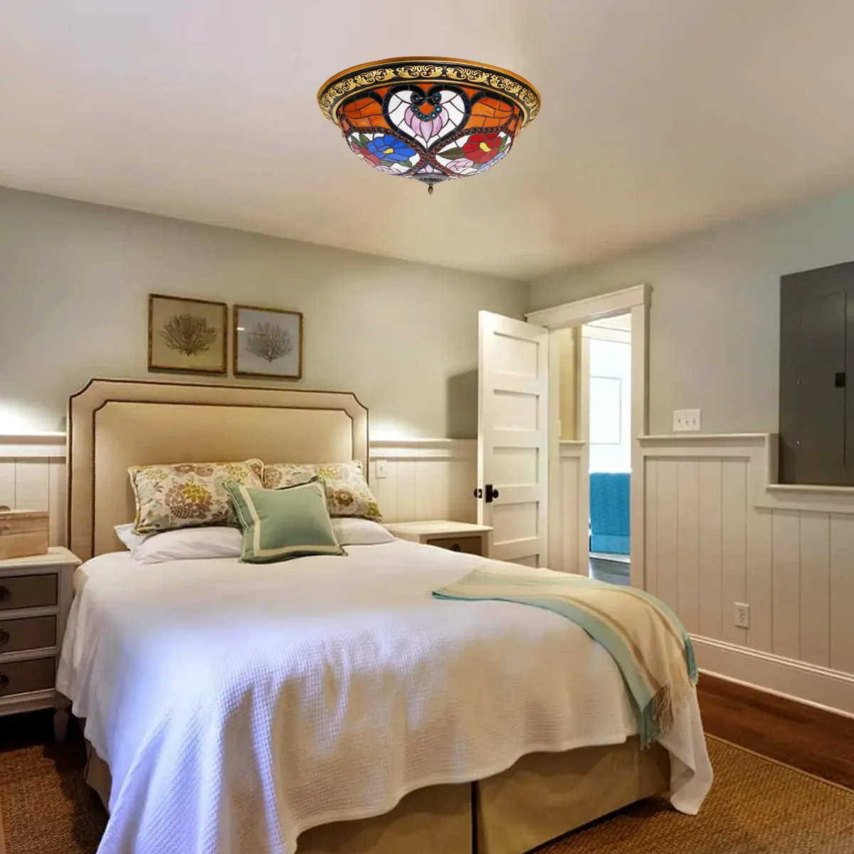 #@American Countryside Modern Creative Bar Counter Corridor Colored Glass Ceiling Light Tiffany Style LED Bedroom Study AC Power view 3