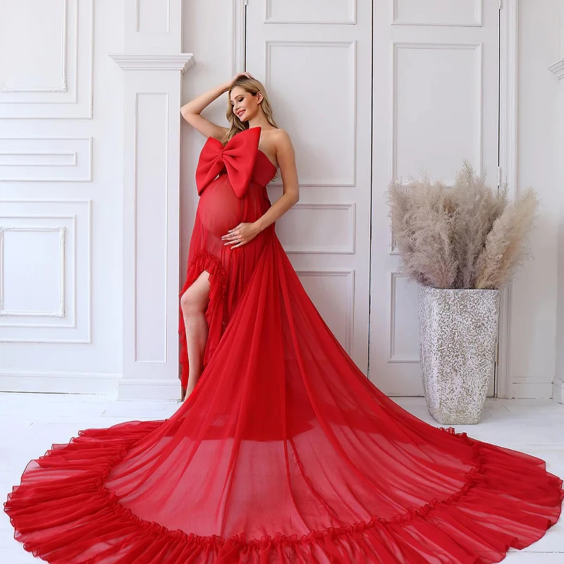 Vestido de maternidade para gestantes, laço vermelho brilhante, ombro fora, vestido irregular para convidados de casamento, sessão fotográfica, festa de bebê, 2023, 18136 #