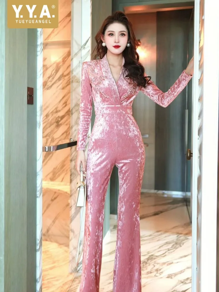 Designer Elegant Women Velvet Jumpsuits V Neck Sexy High Waist Luxury Diamonds Slim Fit Long Sleeve Office Lady Party Rompers