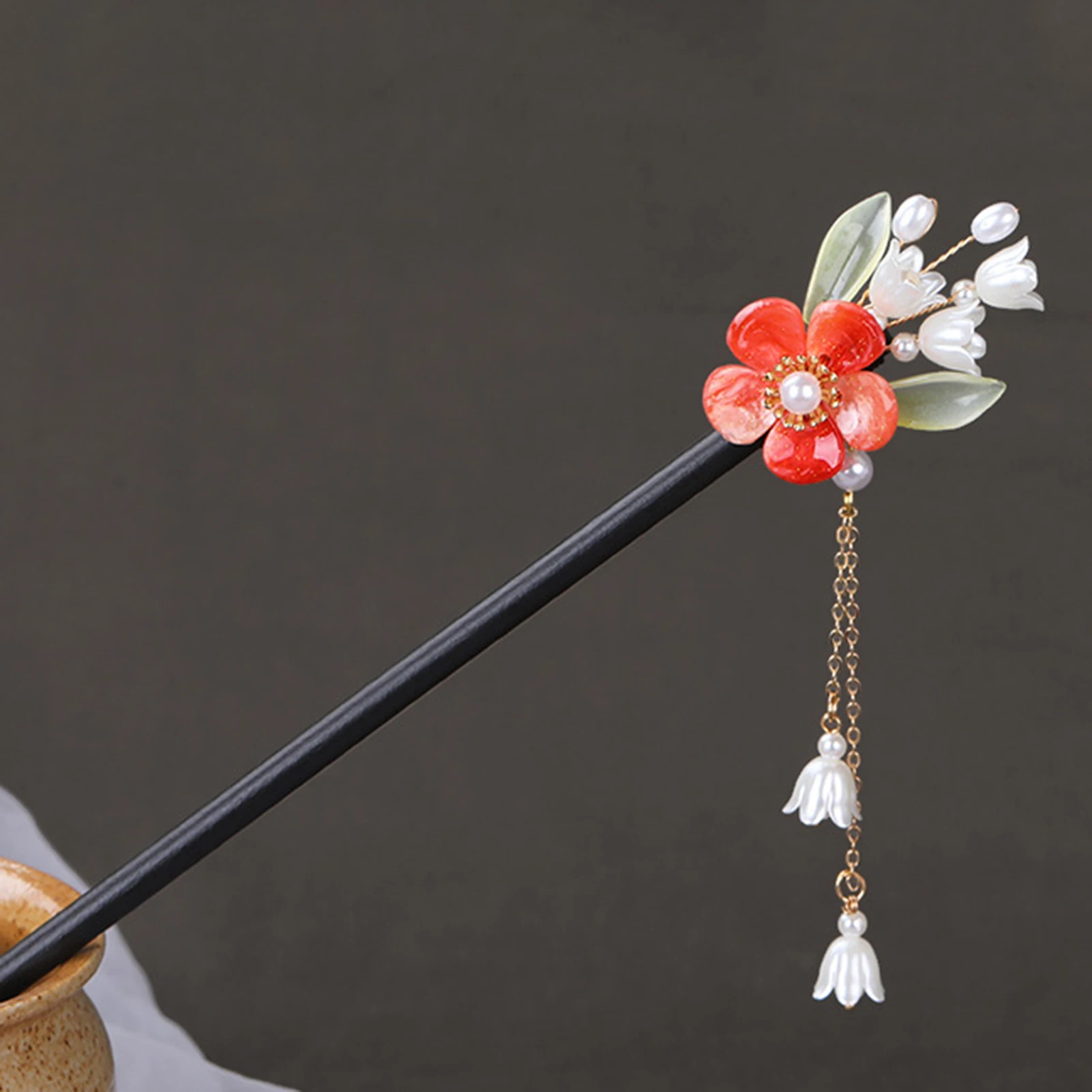 Chinese Wood Hair Chopsticks Woman Sweet Sunset Red Flower Bun Holder for Cheongsam Han Clothes Tea Wear