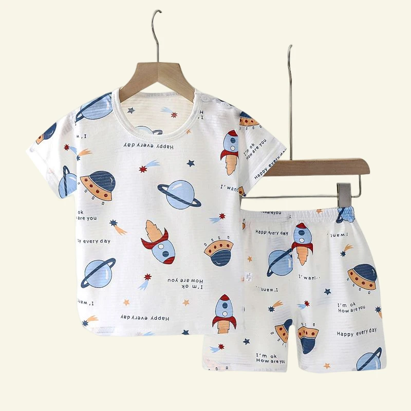 Popular em SummCottonSafe Bebê Crianças Roupas Set Bonito Dos Desenhos Animados Manga Curta Casa Pijama Set Pijamas Macio Respirável