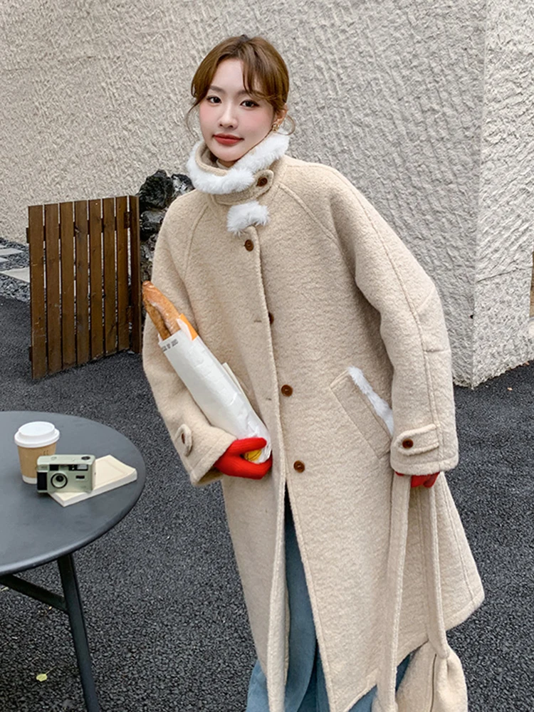 LANMREM Beige Fur Patchwork Medium Long Woolen Coat Jacket With Bag Included Women 2025 Winter Fashion Warm Coats 2DB1629