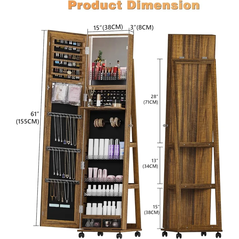 360° Rotating Jewelry Armoire, Full Length Mirror Large Capacity 3 Color Dimmable Jewelry Organizer Armoire, Lockable Standing