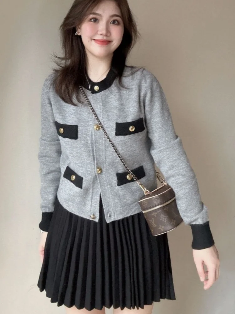 French Elegance Office Lady Short Jacket Full Sleeve Knitted Cardigan Women Autumn New Gray Outer Top Sweater Coat Korean Style