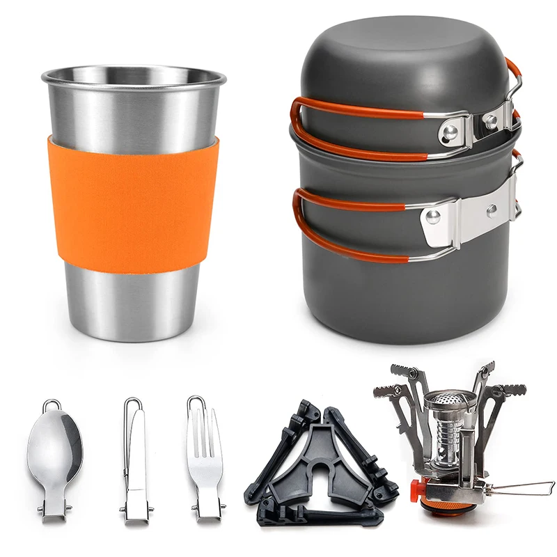 Camping Cookware Stove Canister Stand Tripod Stainless Steel Cup,Fork Spoon Kit Backpacking,Outdoor Camping Hiking and Picnic