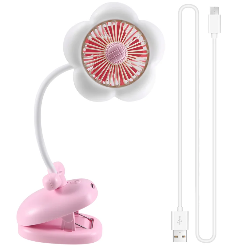 YANA35R USB Rechargeable Clip On Fan Cute Design Flower Clip On Fan 360° Rotate Cooling Fan With LED Lights For Stroller Camping
