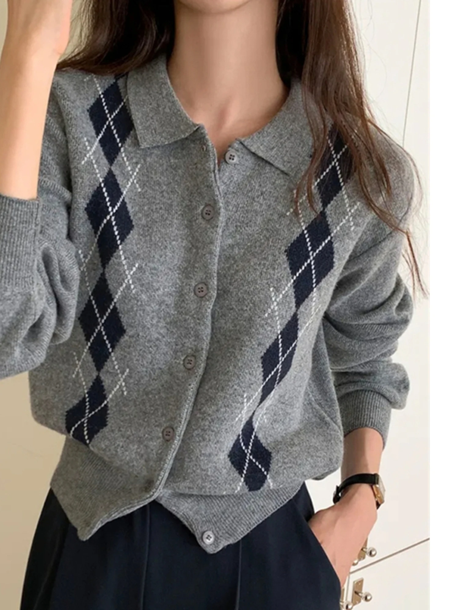 Retro Geometric Color Block Knitted Open Cardigan Women's Fashionable Elegant Sweater Spring Autumn Winter Seasonal Long Sleeve