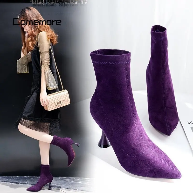 

Comemore 2023 Pointed Toe High Heel Stiletto Soft Suede Slip-on Boot Purple Black Botas Booties Fashion Women Ankle Red Boots 34