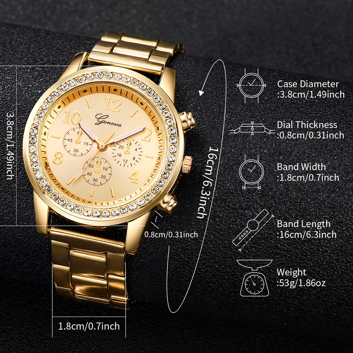 6PCs/Set Women's Watch Fashion Three Eye Dial Stainless Steel Strap Simple Quartz Watch Set with Gold Bracelet