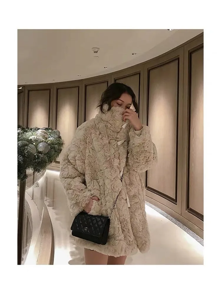 winter fur coat women's mid-length stand-up collar imitation rex rabbit fur thickened loose over-the-knee plush coat
