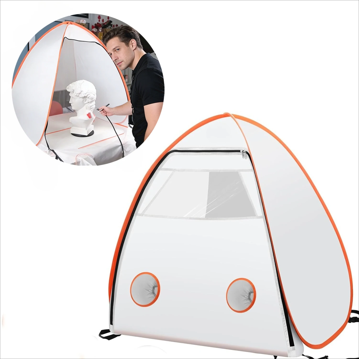 

White & Orange Pop-Up Spray Paint Booth Tent, Portable Foldable Overspray Protection for Home & Automotive Projects