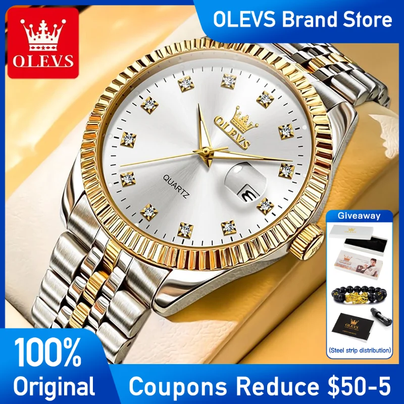 

OLEVS Mens Watch Top Brand Stainless steel Diamond setting Quartz Men's Wristwatch Waterproof Luminous calendar luxury Reloj