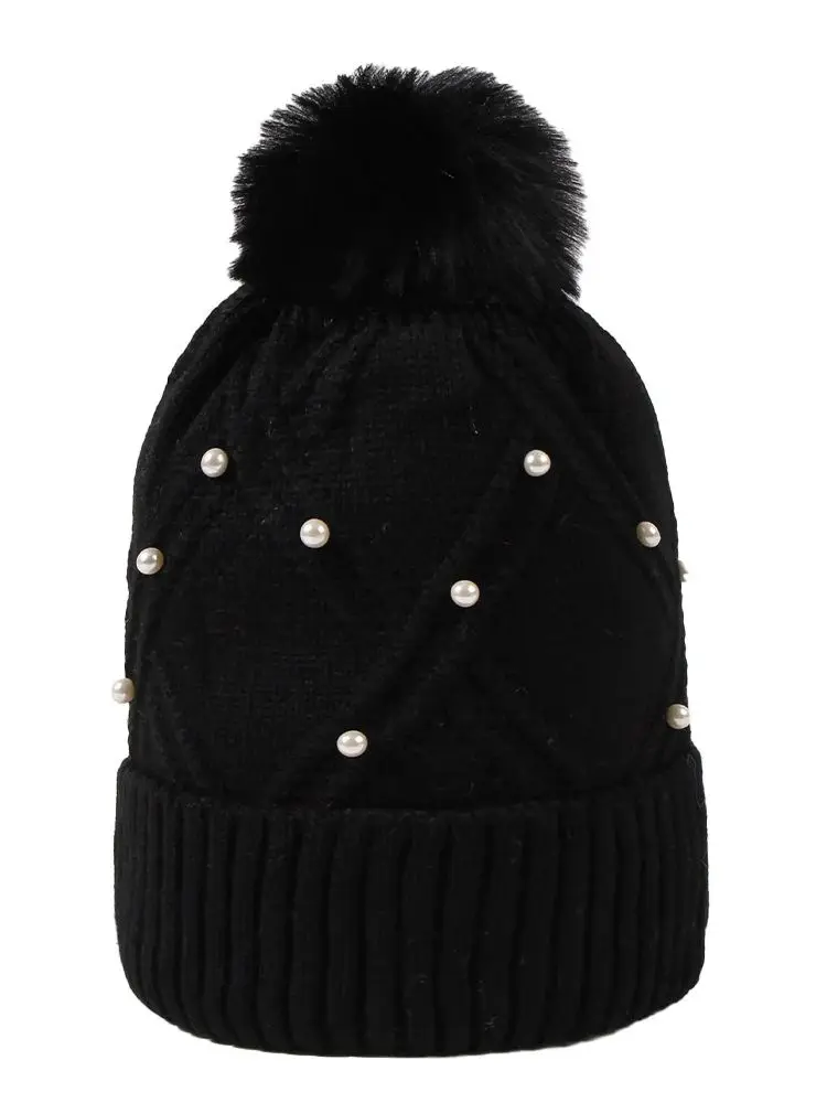 New Women's Winter Fashion Hat Pong Ball Hat Pearl Water Diamond Knitted Wool Bean Casual Outdoor Warm Hat