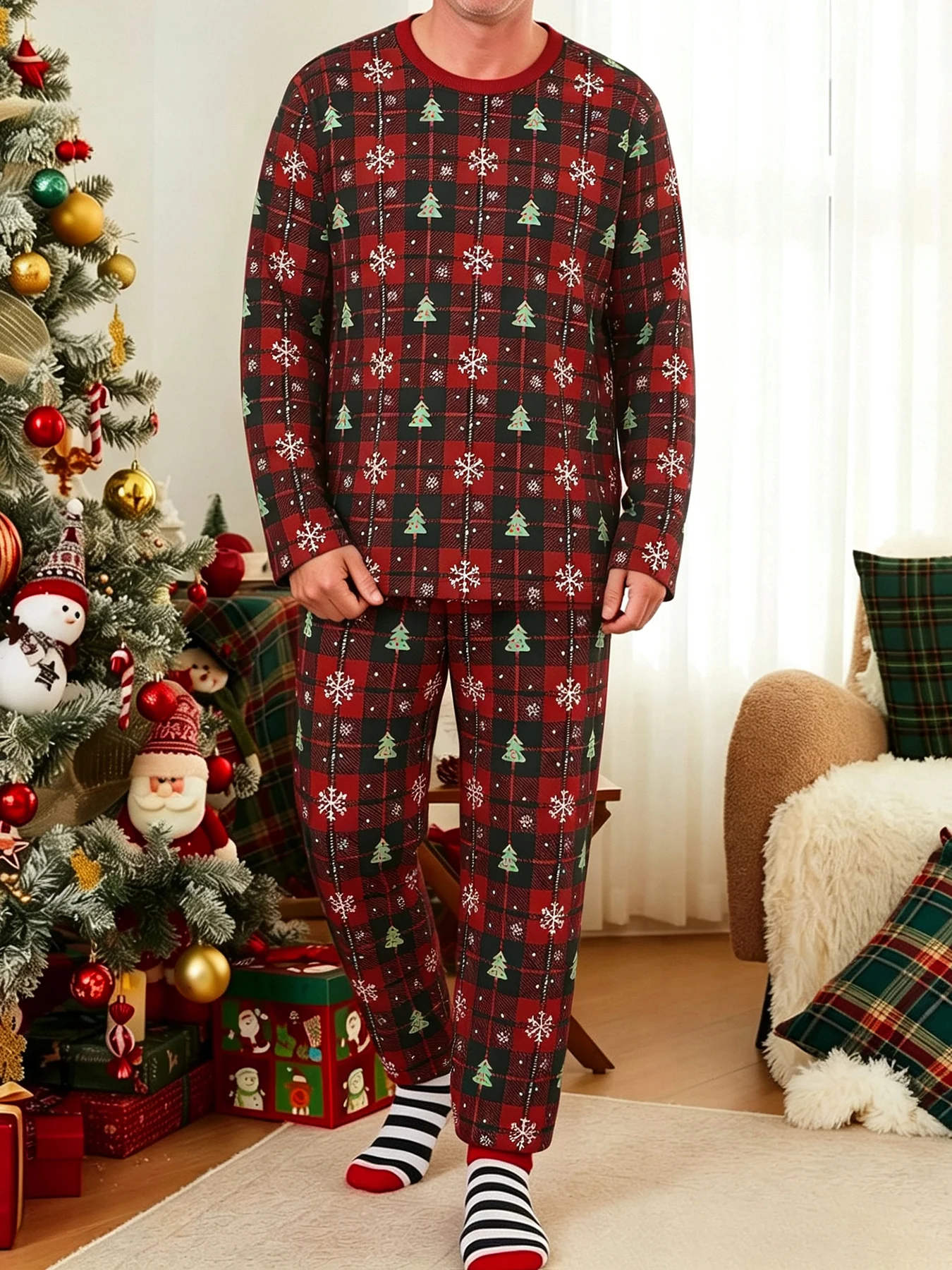 Men's Clothing and Accessories, Men's Outfit Sets, Holiday Plaid Snowflake Christmas Tree Print Loungewear, Men's Soft Everyday Home Wear