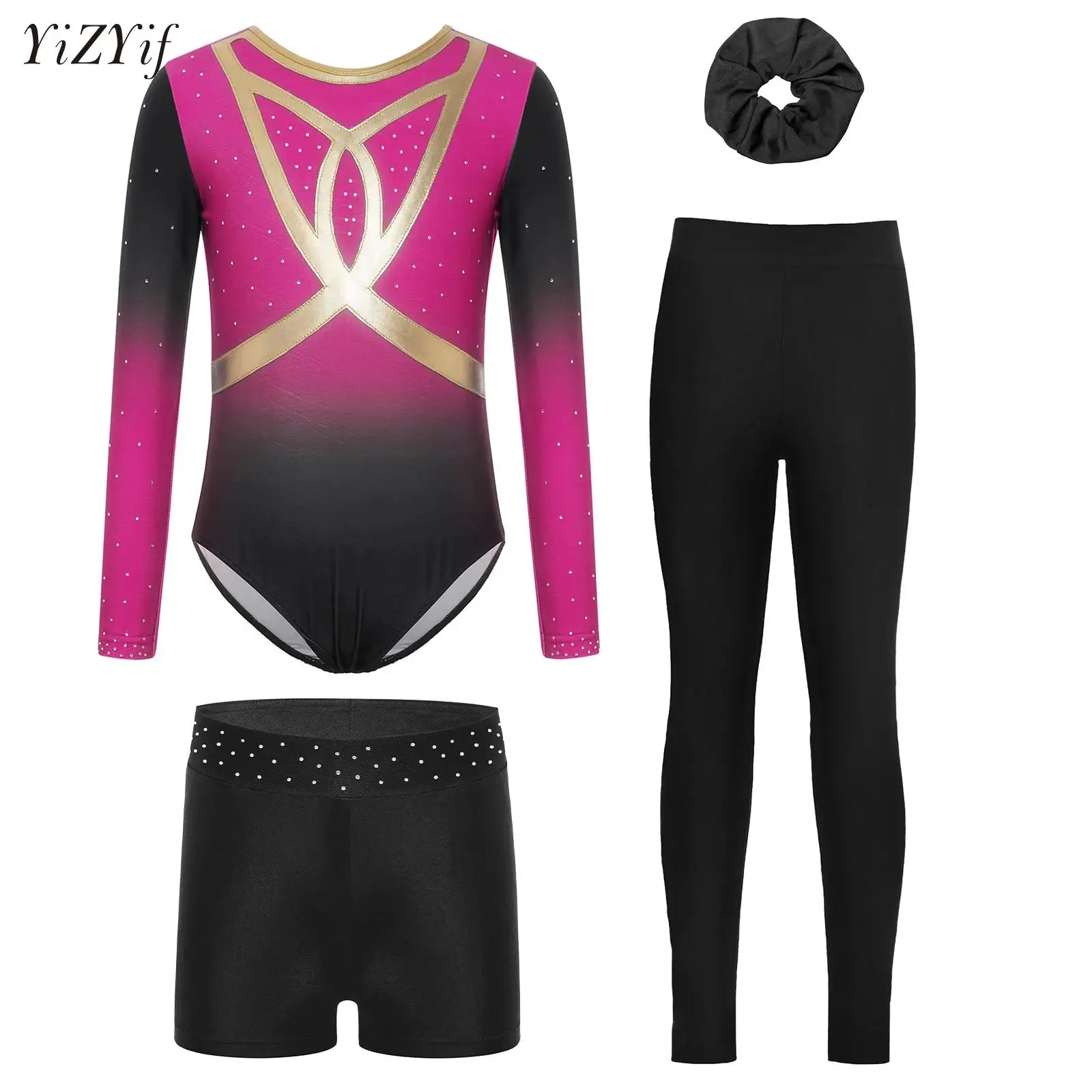 

Girls Gymnastics Jersey Set Ballet Dance Leotards Kids Gradient Unitard Tumbling Activewear Outfit with Headband shorts Leggings