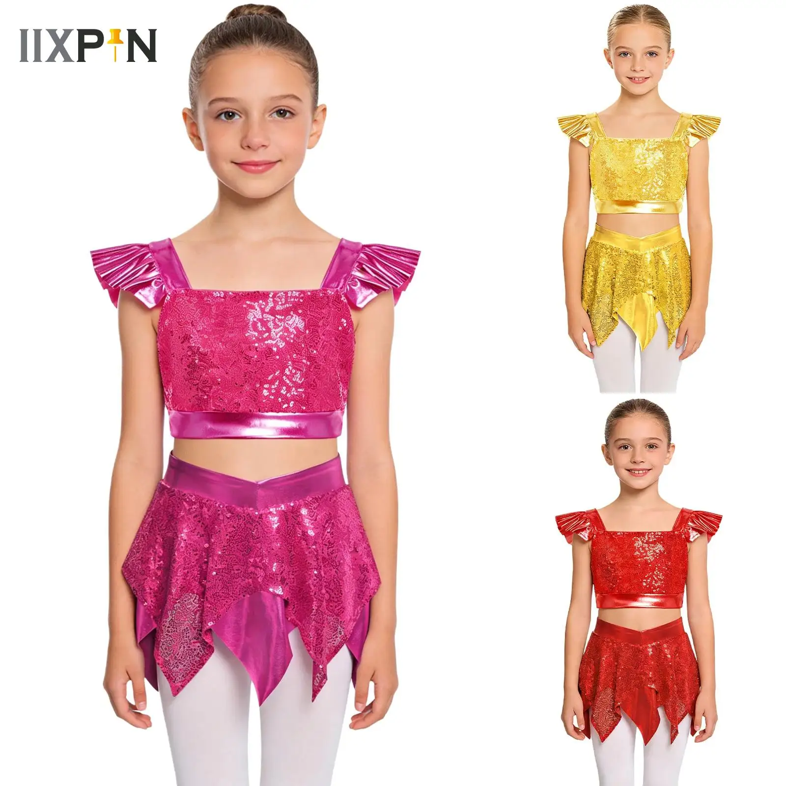 

Children Figure Skating Dancewear Kids Girls Cheerleading Dance Performance Costume Sequin Crop Top Asymmetric Sequined Skirts