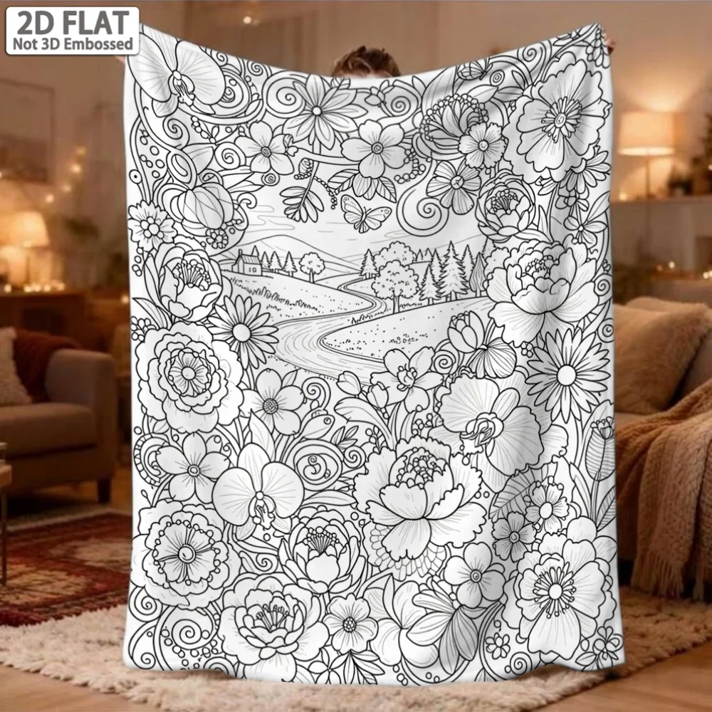 Nature Valley Floral DIY Blanket Coloring Throw Blanket Warm Fleece Blanket For Family Interactive Painting At Home