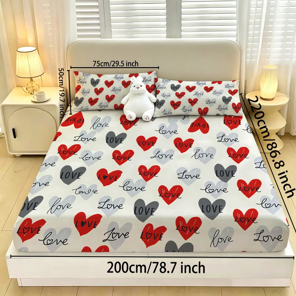 3pcs Colorful Heart-shaped Print Coreless Bed Sheet Set Multiple Sizes Soft Bed Covers Bedroom Bedding Decorations Gifts