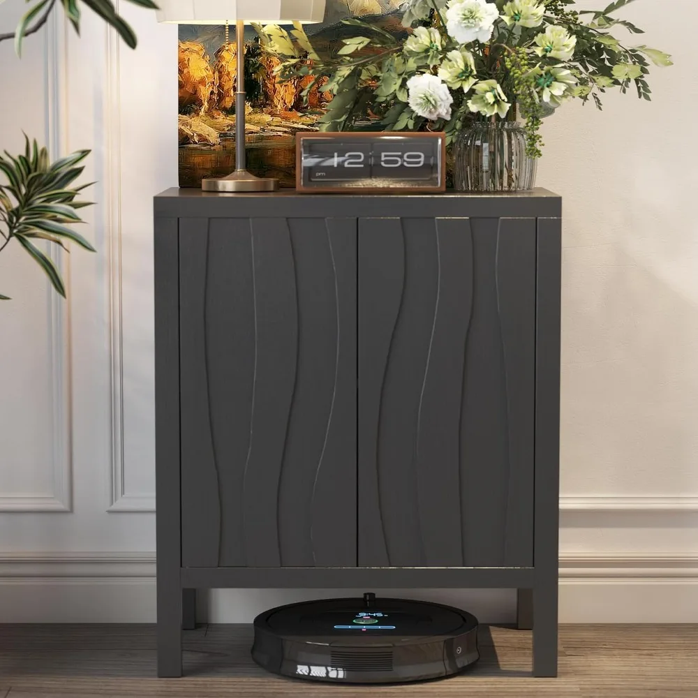 

Buffet Cabinet, Accent Cabinets with 2 Doors, Farmhouse Wood Cabinet with Adjustable Shelves and Decorative Wave Panel