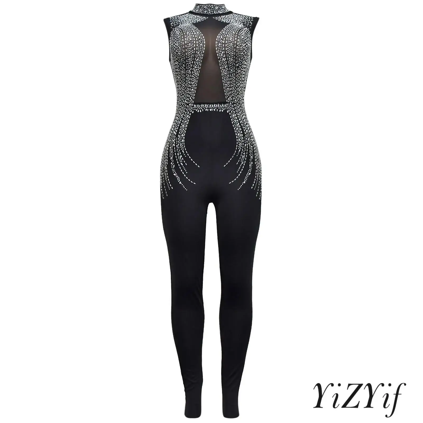 

Elegant Womens Latin Jazz Dance Jumpsuit Sleeveless Sheer Mesh Patchwork Rompers Bodysuit for Gymnastics Lyrical Ballroom Dance