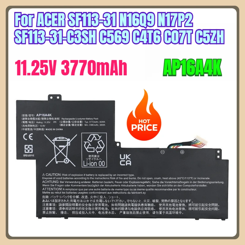 

11.25V 3770mAh Laptop Battery AP16A4K for ACER SF113-31 N16Q9 N17P2 SF113-31-C3SH C569 C4T6 C07T C5ZH