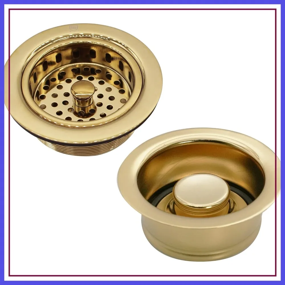 

4-1/4" OD Post Style Kitchen Basket Strainer with Waste Disposal Flange and Stopper Drain Set, Polished Brass
