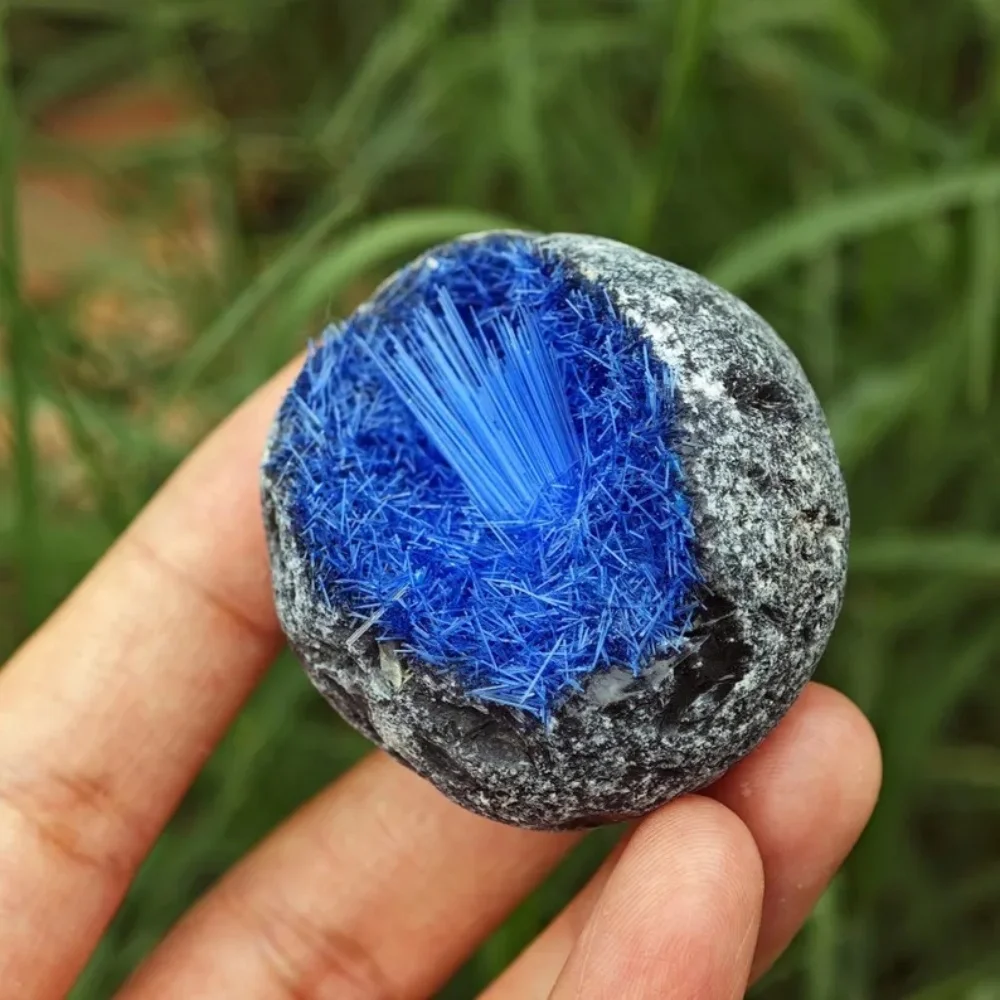 1 Bohemian Royal Blue Geode Mineral Specimen with Blue Needle Crystals - Crystal Home Decor, Jewelry Making Supplies
