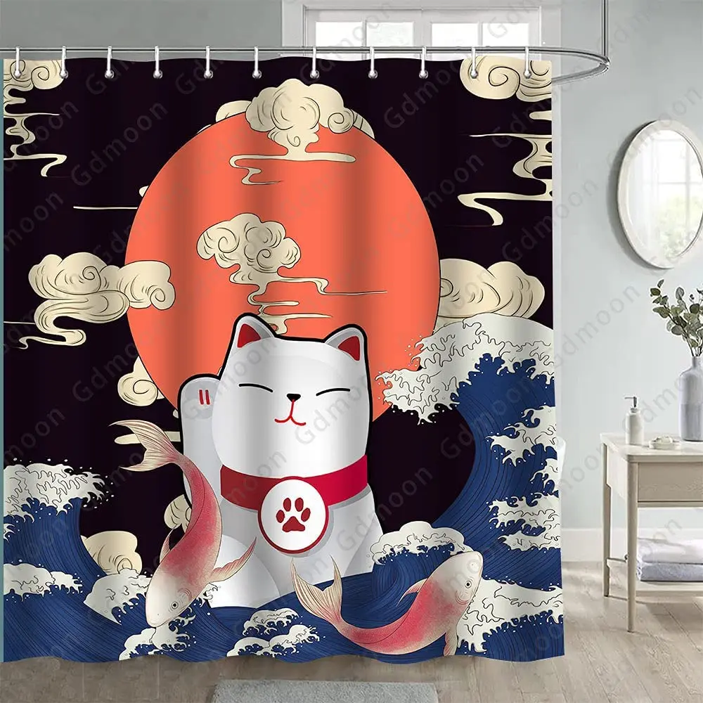 Japanese Cat Shower Curtain Lucky Kitten Waves Red Sun Koi Cloud Ukiyo E Animal Colorful Art Natural Landscape Bathroom Decor