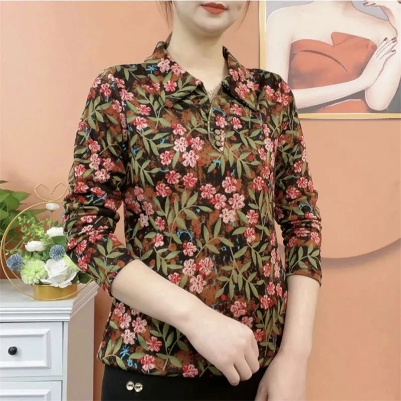 Women's Vintage Floral Printed Polo Collar Basic T-shirts Spring Autumn Fashion Long Sleeve Loose Pullover Tops Female Clothing