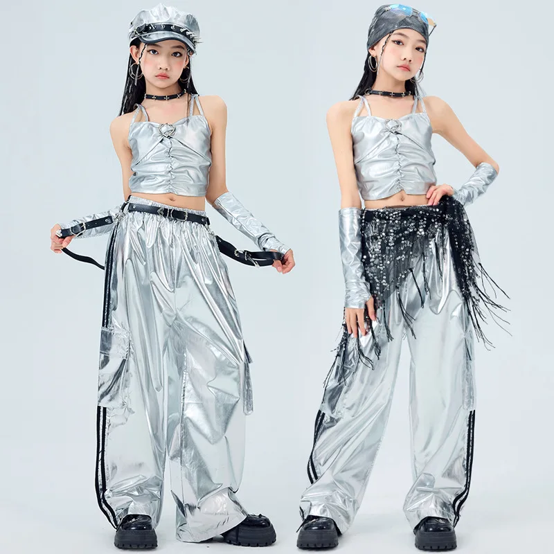 Girls K-pop Laser Crop Top Girdle Silver Cargo Pants Street Dance Kids Hip Hop Shiny Streetwear Child Jazz Costumes Clothes Sets