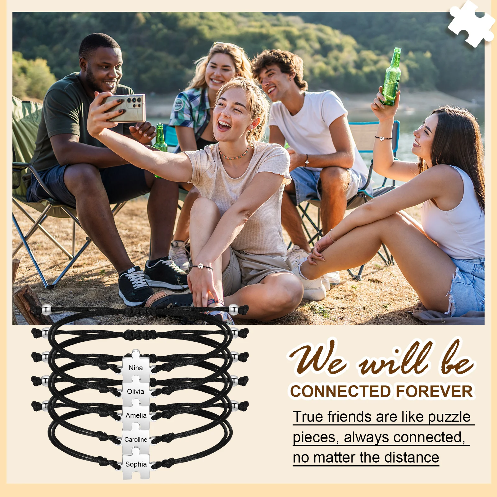 Gewebtes schwarzes Seil-Puzzle-Armband für Damen und Herren, individuelle Freundschaftsarmbänder, Mutter, Vater, Valentinstag, Geburtstag, Schmuck – Detail 4
