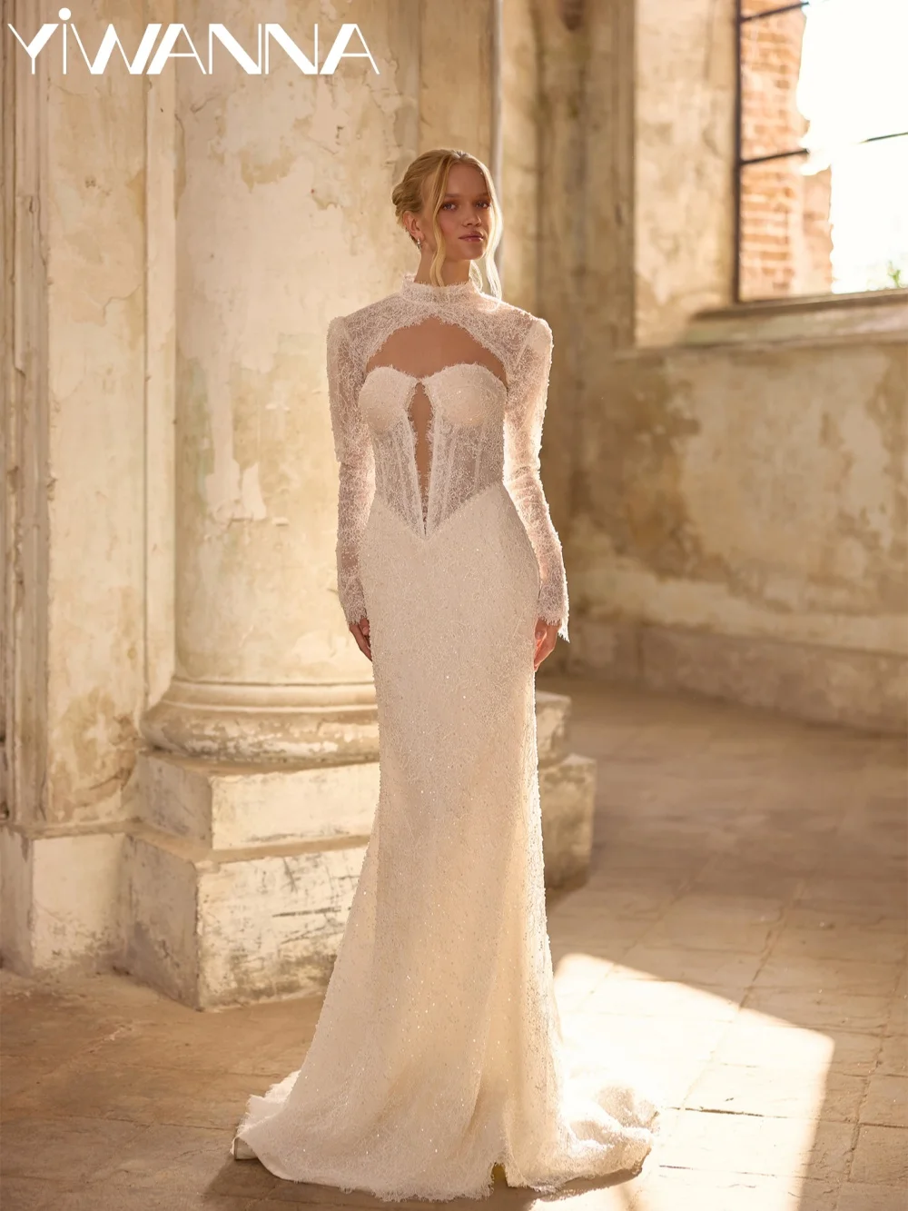 Urocza suknia ślubna z długiej koronki z koralikami, odpinane rękawy, wymarzona suknia ślubna w stylu syreny, szyta na miarę, vintage suknie dla panny młodej.