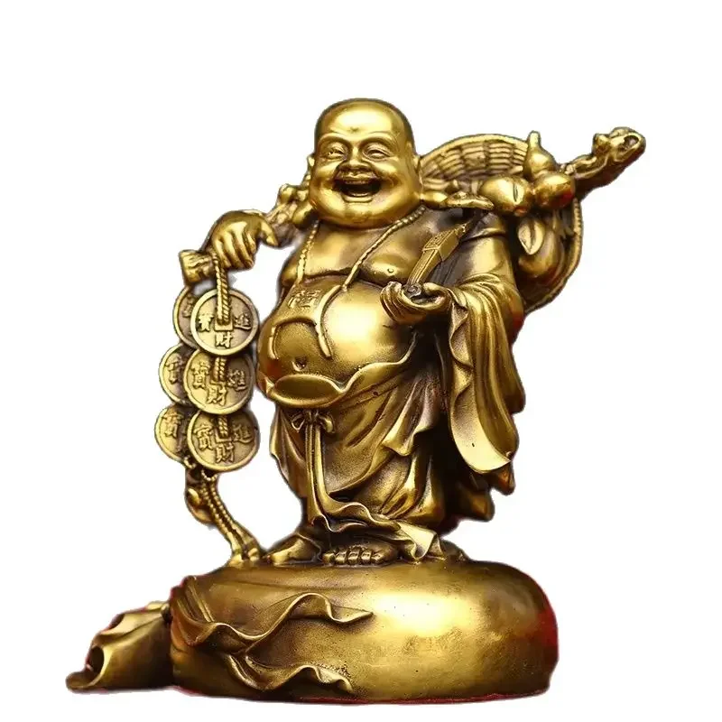 Adorno de Buda Maitreya de latón, exquisita estatua de Buda Maitreya para recoger monedas de oro, Buda de cobre, artesanías de hombre de cobre, bolsa de tela