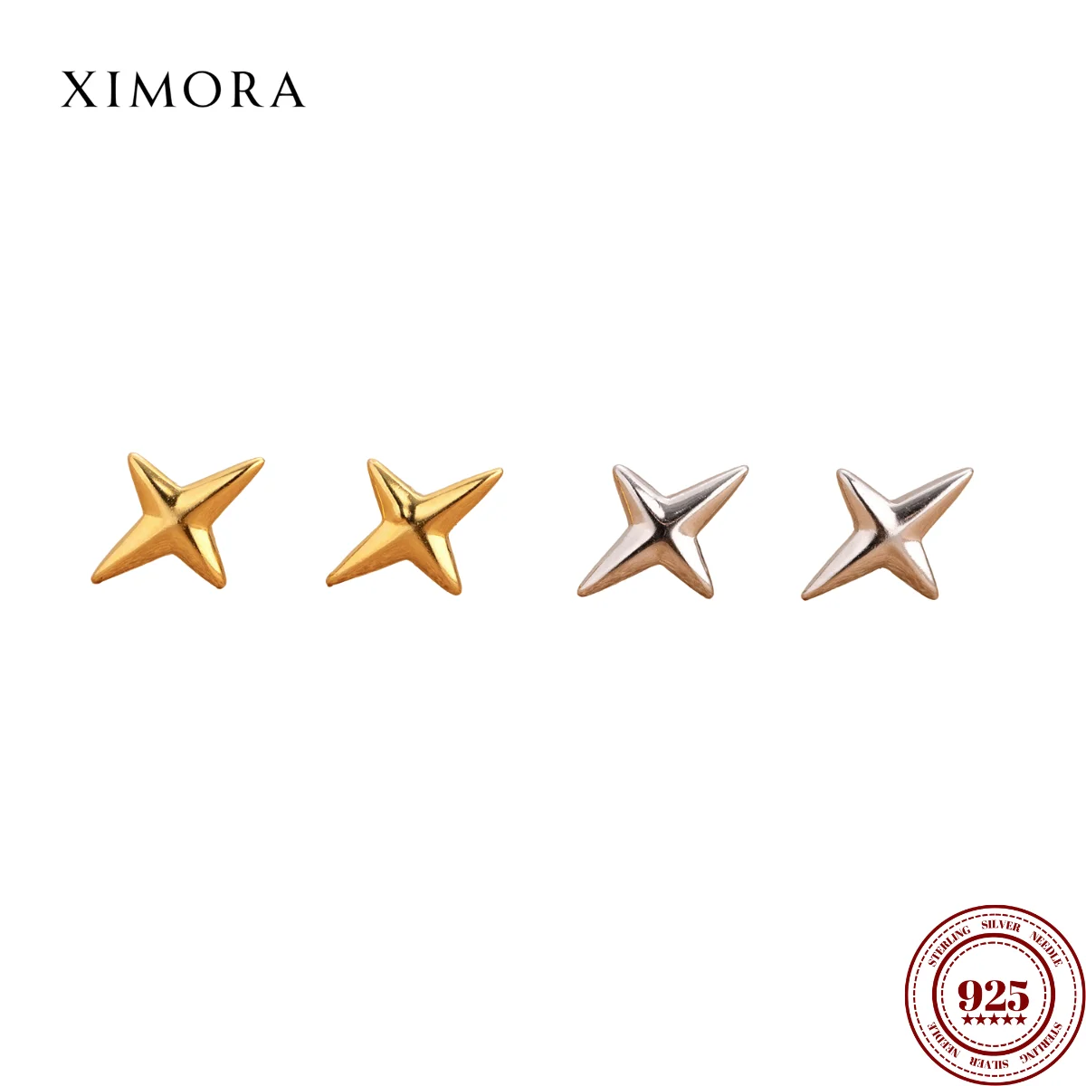 

XIMORA S925 Sterling Silver Polished Four-Pointed Star Stud Earring Women's Niche Minimalist Elegant Sophisticated Stud Earrings