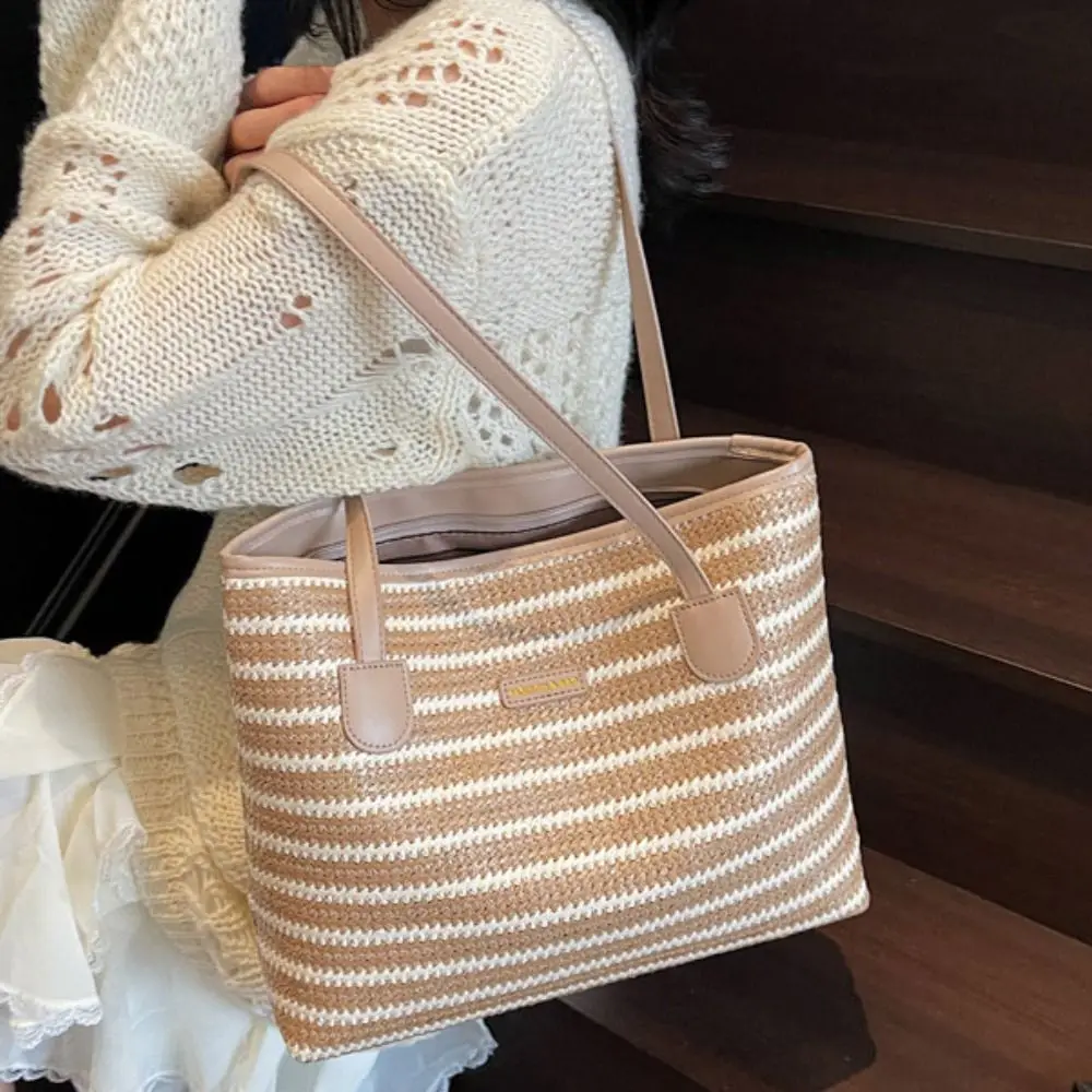 

Hollow Out Straw Woven Bag Beach Handbag Parent Shoulder Bag Bohemian Beach Bag Bucket Bag Large Capacity Strip Shoulder Bag