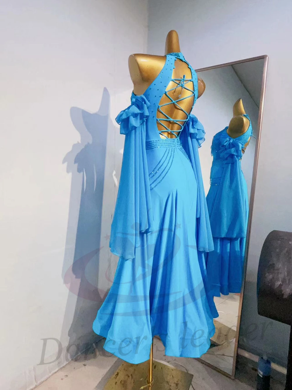 Dança latina adulto crianças vestido ab pedra high-end personalizado azul vestido moderno cha cha tango roupas femininas