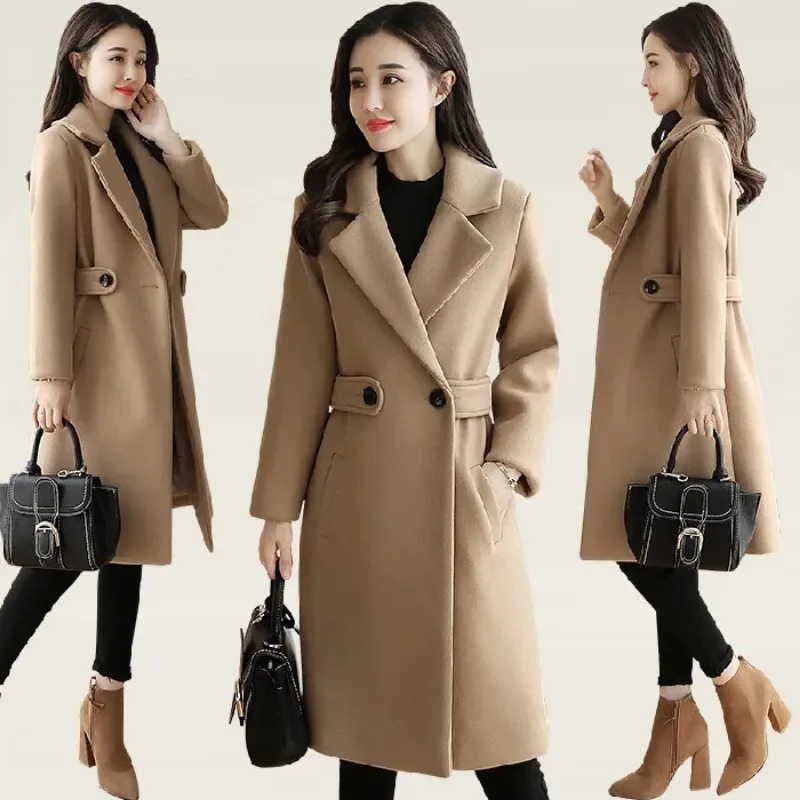 Fall Winter Women Overcoat Thick Solid Color Turn-down Collar Long Sleeve Cardigan Belted Button Mid Length Loose Lady Coat