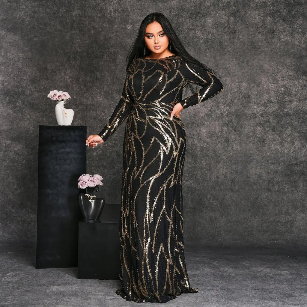 Vestido de noche de talla grande con cuello redondo y manga larga para mujer, vestido de banquete Sexy con lentejuelas para chicas regordetas, estilo europeo y americano