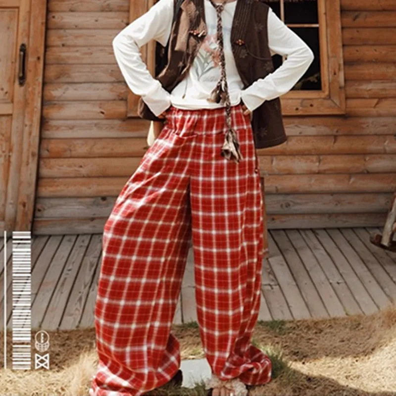 TIYIHAILEY pantalones largos de pierna ancha para mujer Otoño Invierno pantalones con bolsillos cintura elástica Casual a cuadros señoras 2025 moda rojo