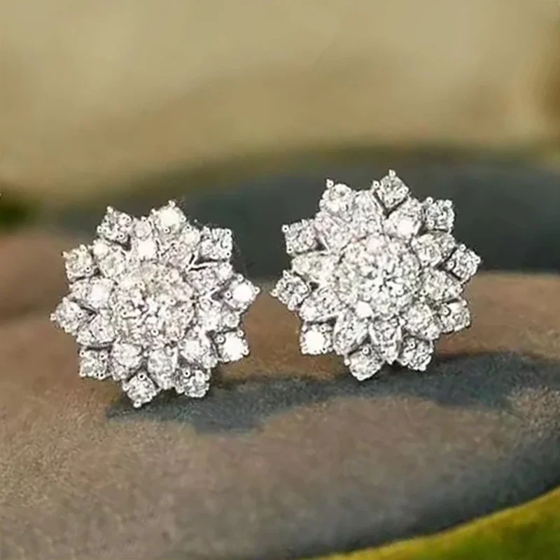 Huitan Dazzling Flower Shaped Stud Earrings Full with CZ for Women Daily Wear Temperament Accessories Fancy Gift Fashion Jewelry