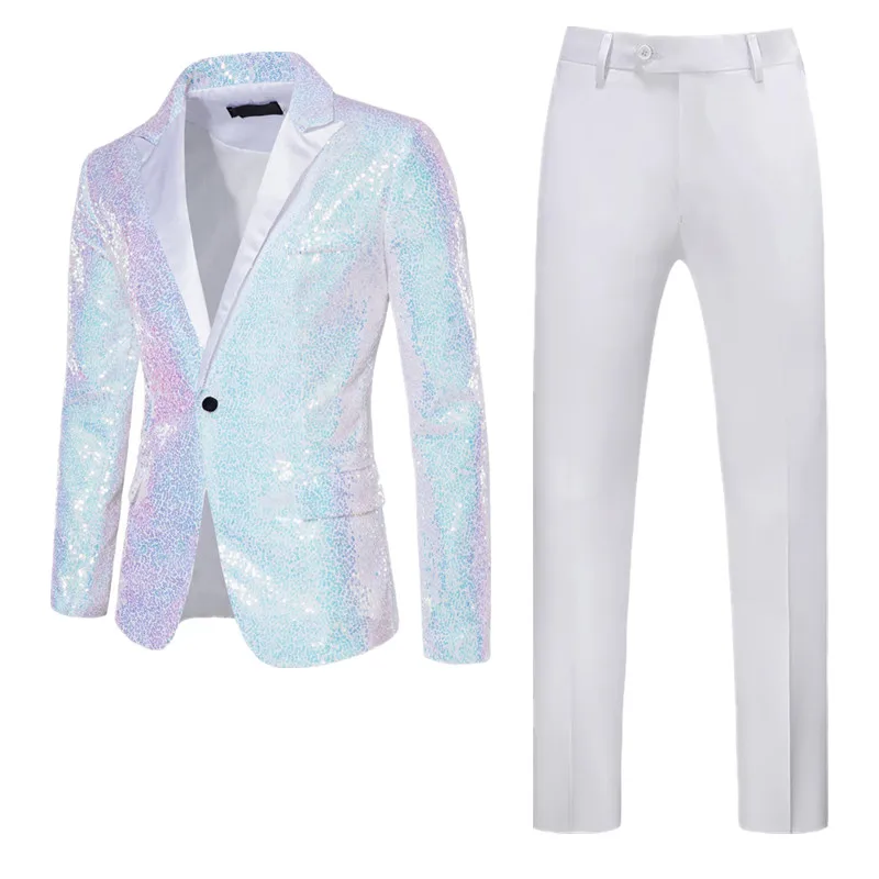 (Blazers + Pants) Fashion Luxury Men Dance Party Sequins Suit 2 Piece White / Silver / Navy Blue Singer Host Stage Dress Set