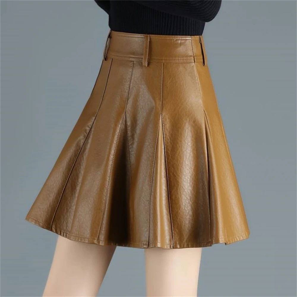 

2024 Autumn PU Leather Midi Skirts Women Elegant OL High Waist Party Skirts Fashion Office Lady Solid Jupe Falda S-5XL Spring