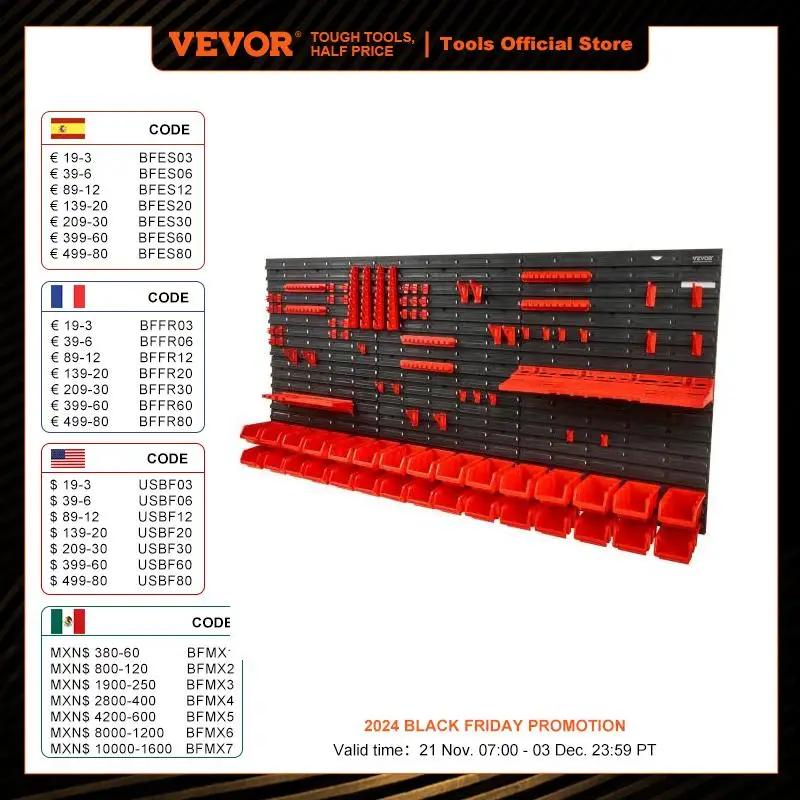 VEVOR Wall Mounted Storage Bins 30/48-Bin Parts Rack Organizer Garage with Wall Panels Hooks Plastic Shop Tool for Screw Nails