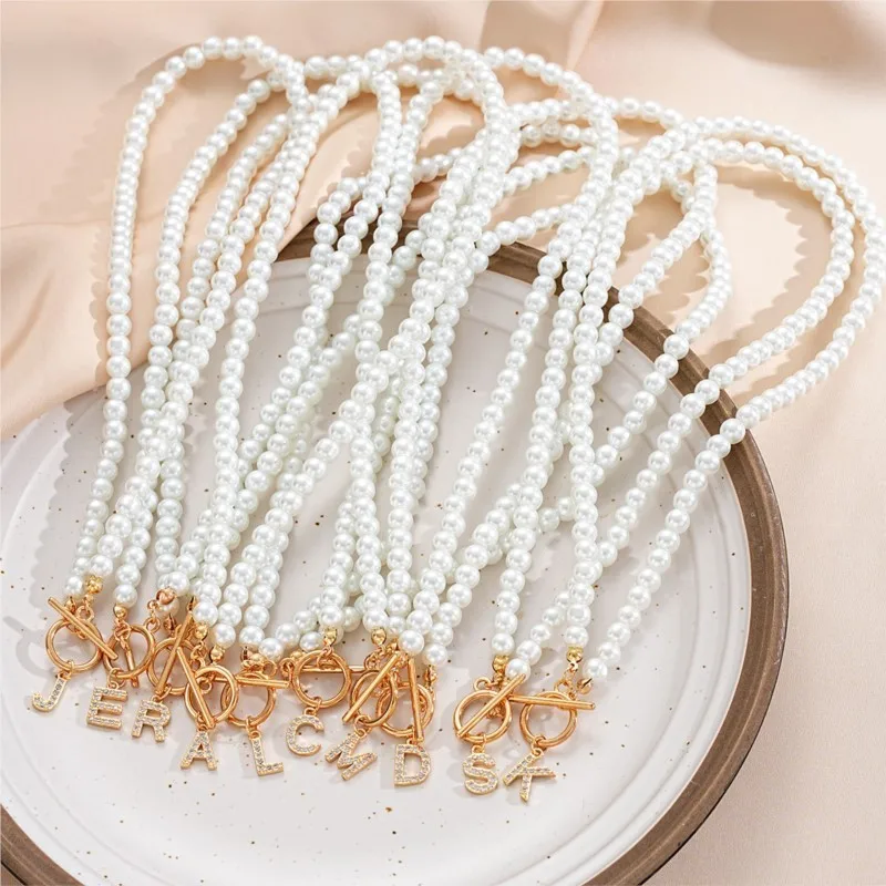 Elegant Simulated-pearl Gold Color OT Buckle 26 Letters Pendant Necklace for Women Vintage Choke Collares Jewelry Girls Gifts