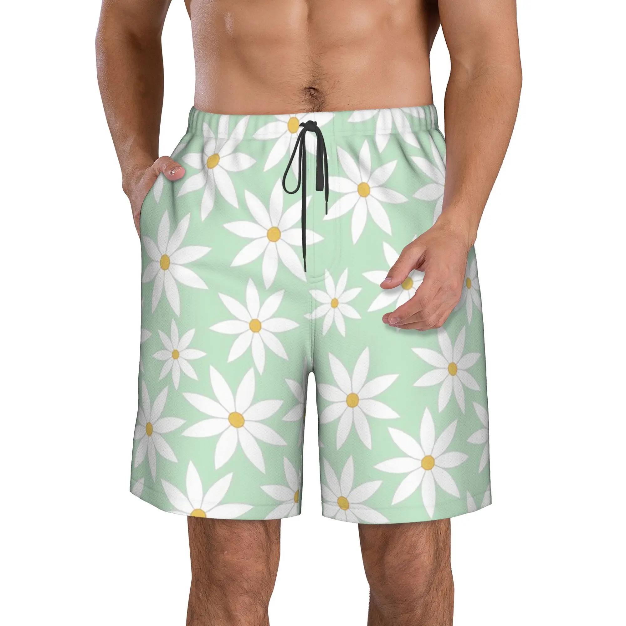 Macaron Colour Green Daisy Pattern Trunks Beach Board Shorts Casual Quick Dry Swim Summer Men Pants