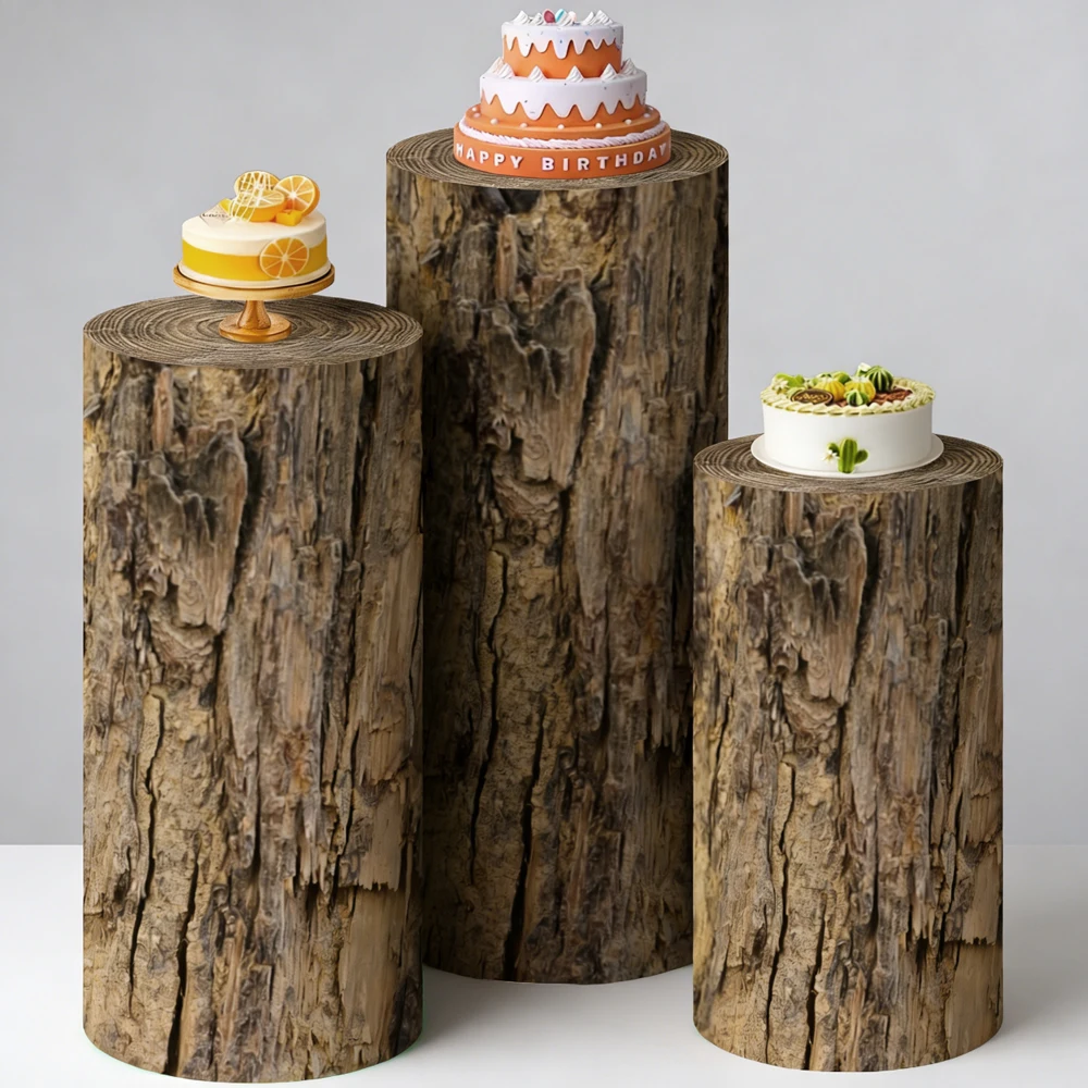 

Rugged Wood Trunk Cylinder Pedestal Cover Set Rustic Wedding Backdrop Bachelorette Party Decor Baby Shower Cake Display Stand