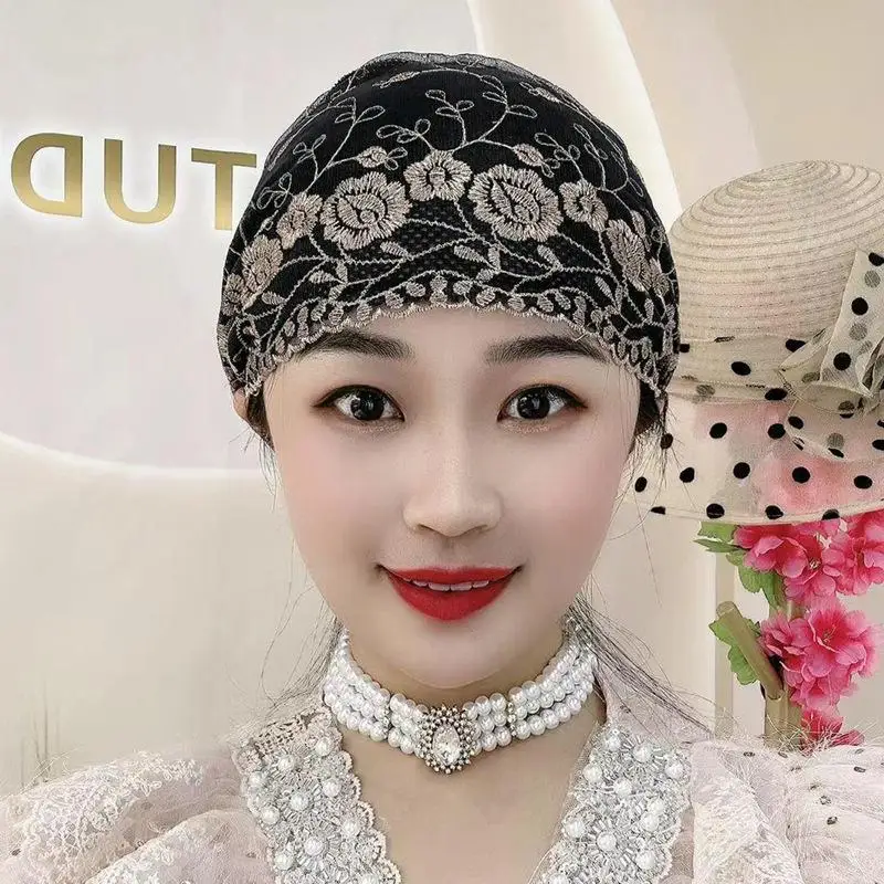 Washable Lace Floral Turban for Women Durable Embroidery Hijab Cap Elastic Head Wrap Scarf for Long Time Wear