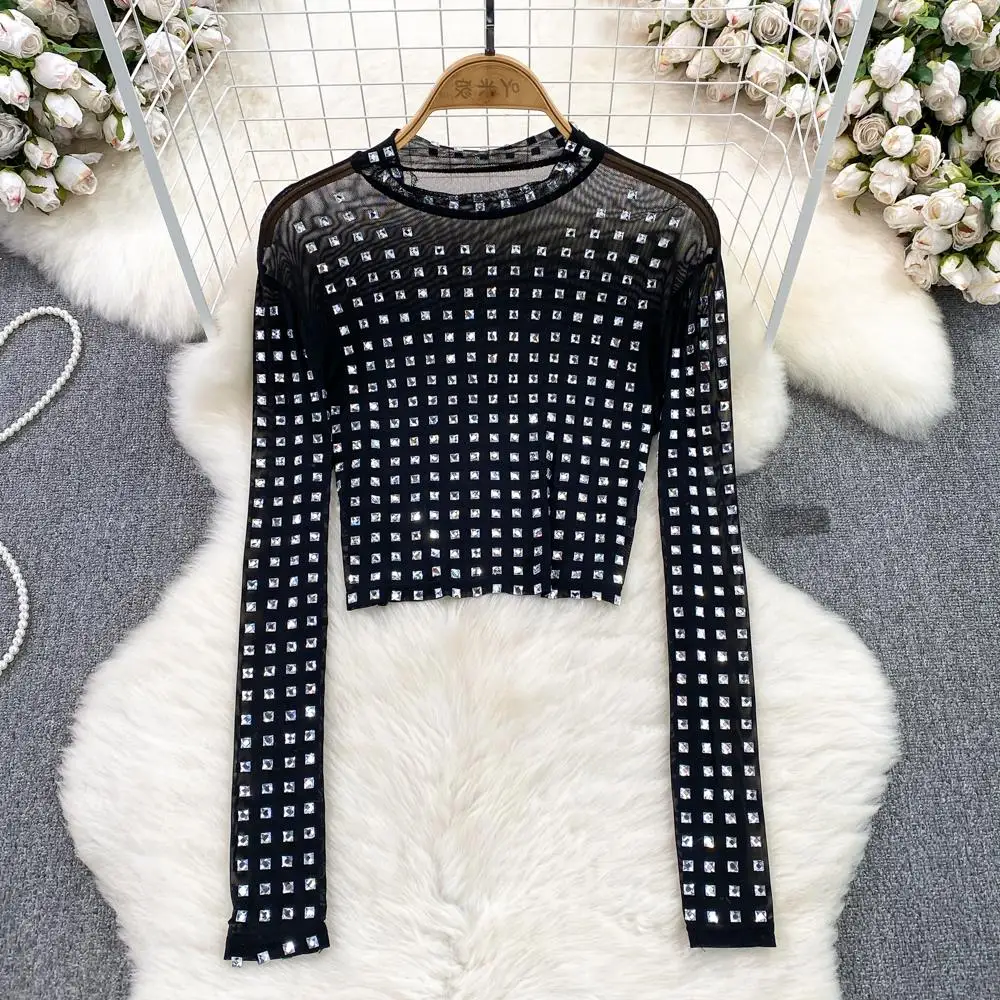 Spring Women Square Diamonds Beaded T-Shirts Mesh Bottoming Rhinestones Shirts Tees Hot Drilling Gauze Tshirts Jumpers Crop Tops