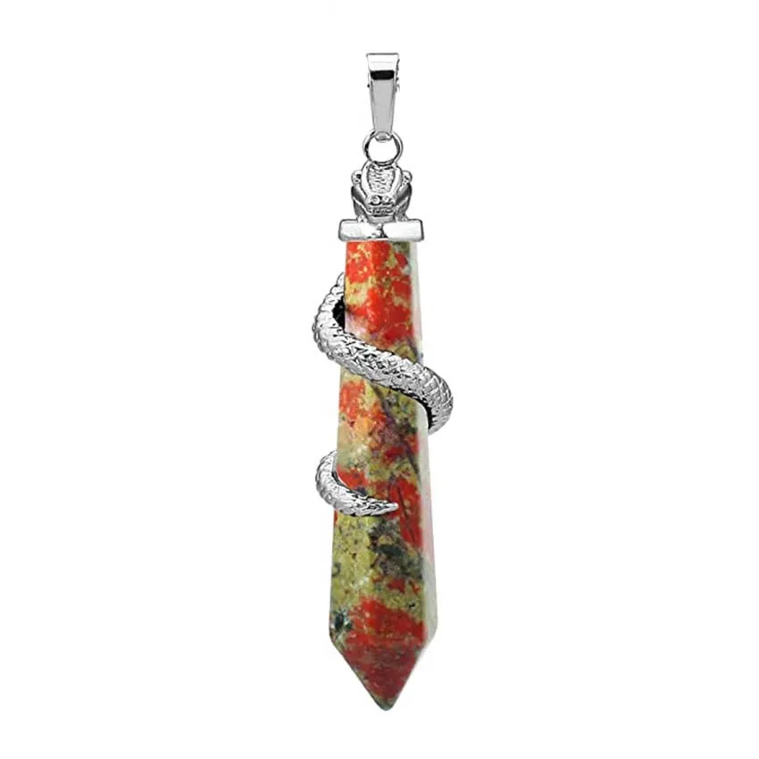 Snake Wrapped Crystal Hexagon Column Stone Pendulum Pendants For Dowsing Divination Natural Amethyst Quartz Opal Pendant Jewelry